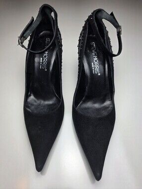 Steve Morris Italy Black Suede Crystal Embellished Pointed Toe Heels EU 39 Goth